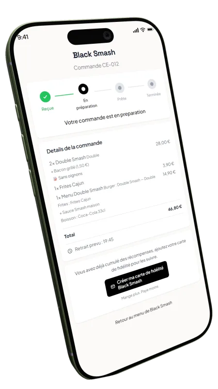 Suivi de commande Black Smash avec l'invitation &agrave; cr&eacute;er sa carte de fid&eacute;lit&eacute;