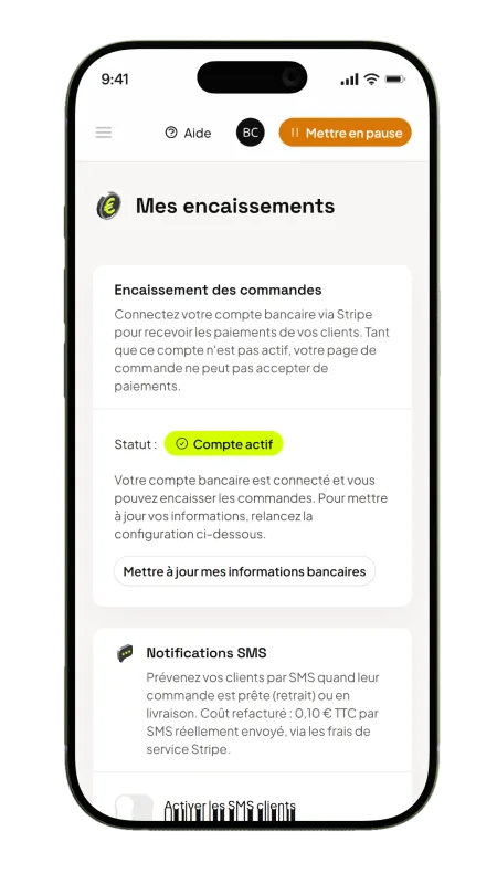 Compte bancaire connect&eacute; et actif, pr&ecirc;t &agrave; encaisser les commandes