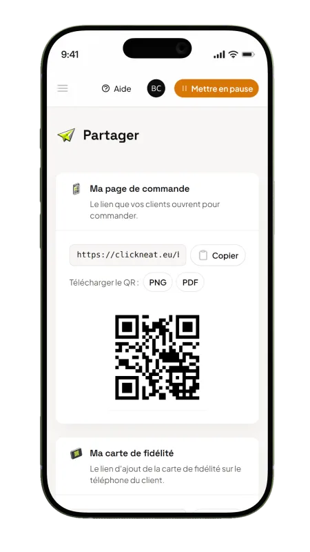 Page pr&ecirc;te : lien de commande et QRcode &agrave; partager