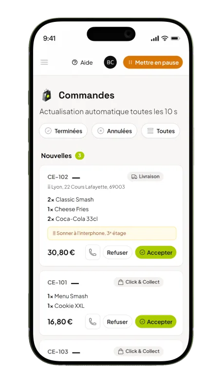 Gestion des premi&egrave;res commandes depuis l'espace resto