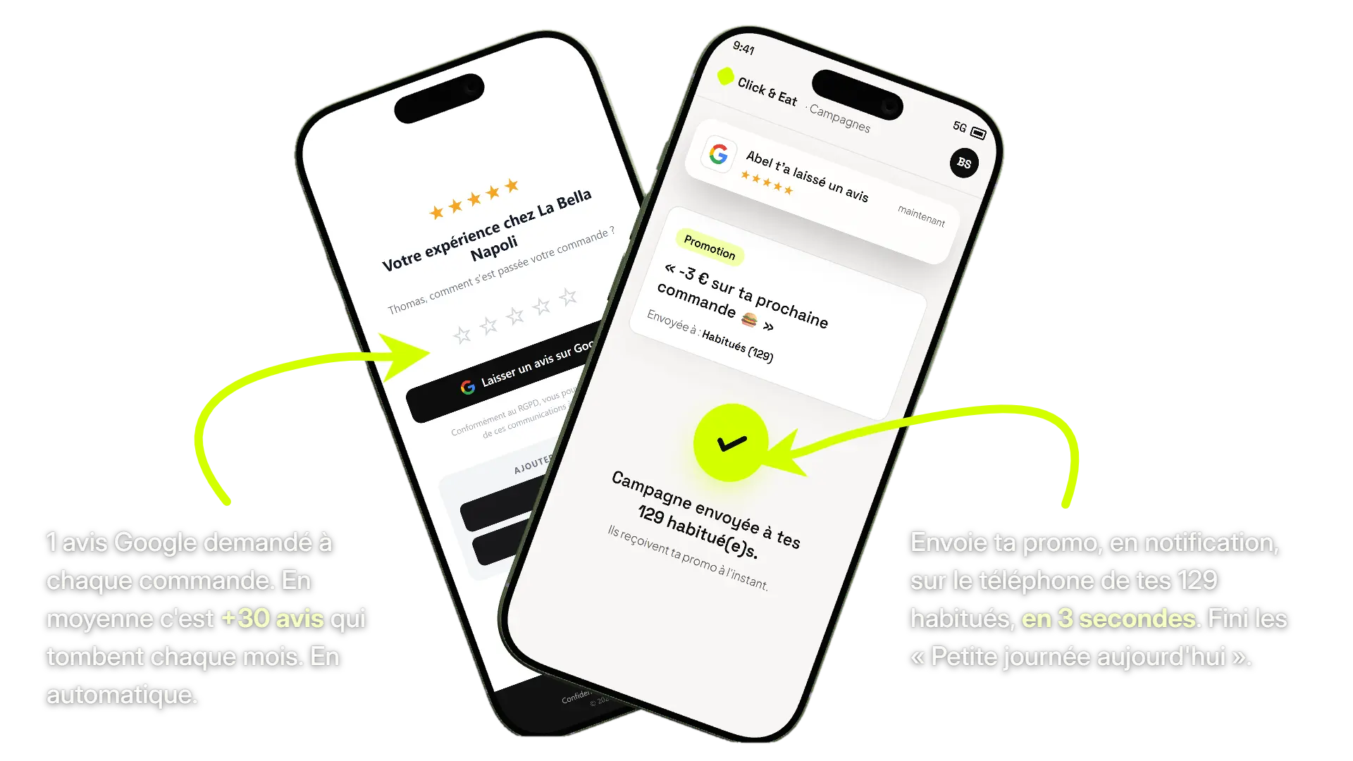 Attirer de nouveaux clients : demande d'avis Google &agrave; chaque commande et campagne promo envoy&eacute;e en notification aux habitu&eacute;s