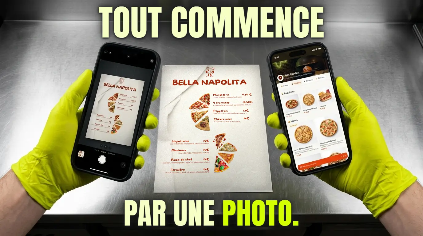 Deux mains pr&eacute;sentent la page de commande Click & Eat, menu affich&eacute;
